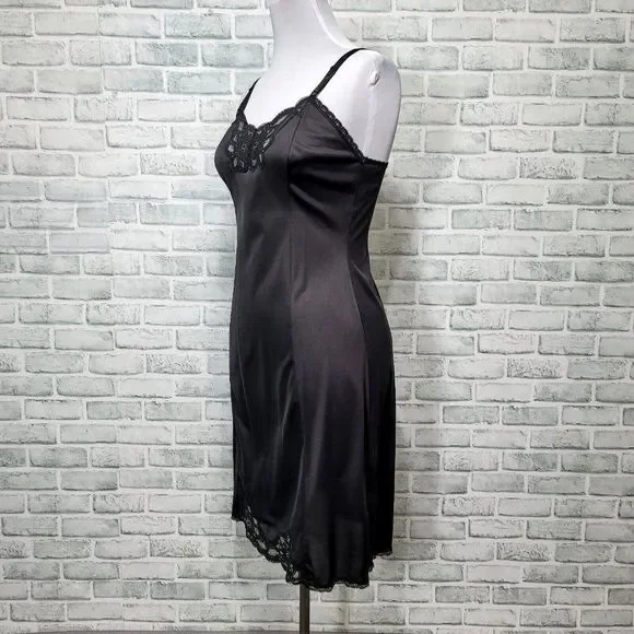 Vintage WONDER MAID 36 Non Cling Nylon‎ Black Full Slip Dress Lace Union Label - Picture 5 of 9